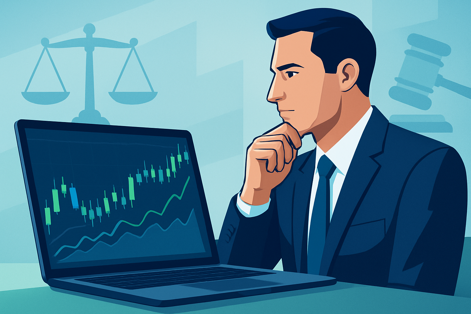 a confident trader or businessperson analyzing data, and subtle legal symbols like scales of justice or a gavel in the background. Use a corporate color palette with blues, whites, and greens.
