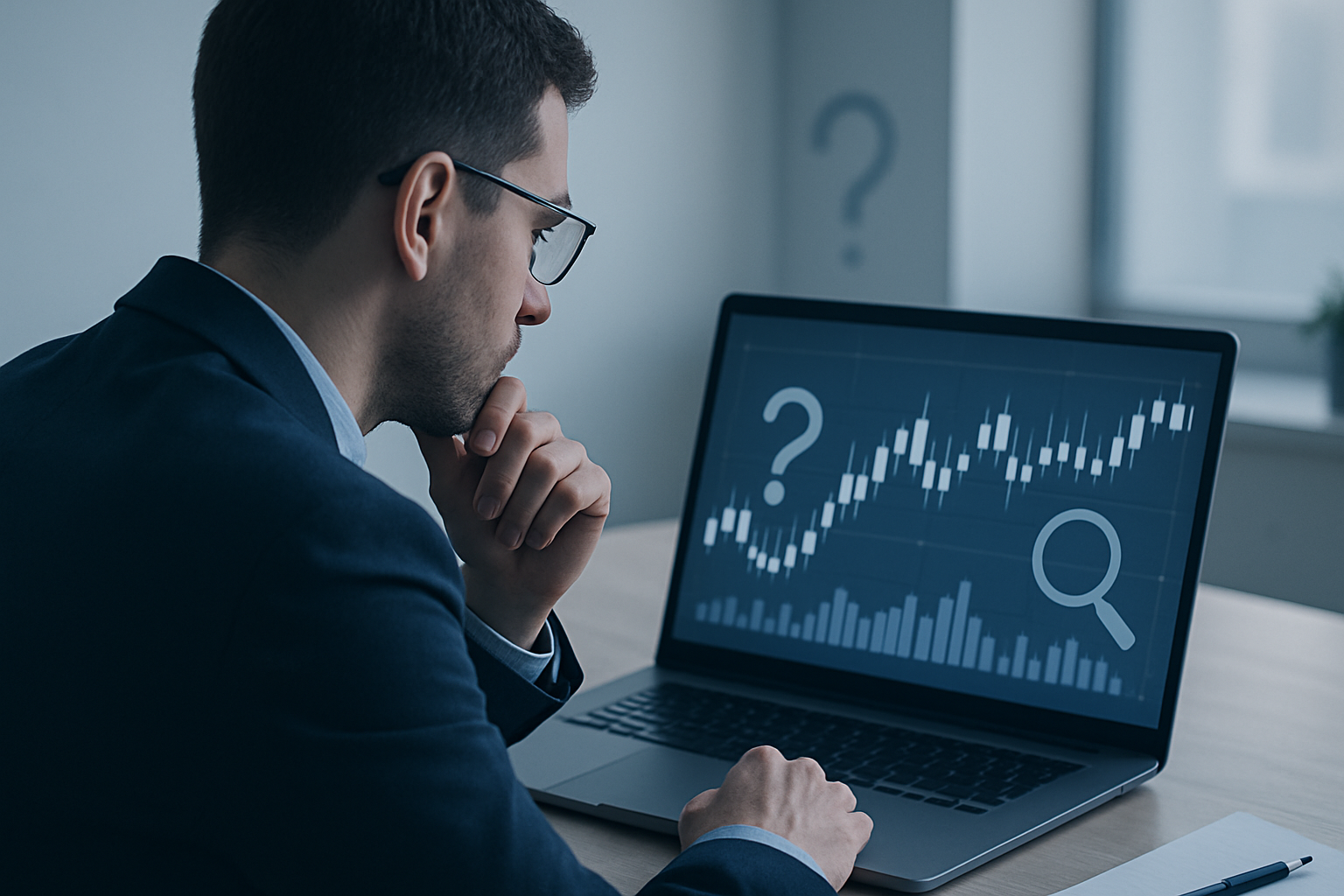 a person thoughtfully analyzing financial charts on a laptop screen in a well-lit, minimalistic workspace. In the background, subtle elements like question marks or a magnifying glass on screen suggest investigation or review.
